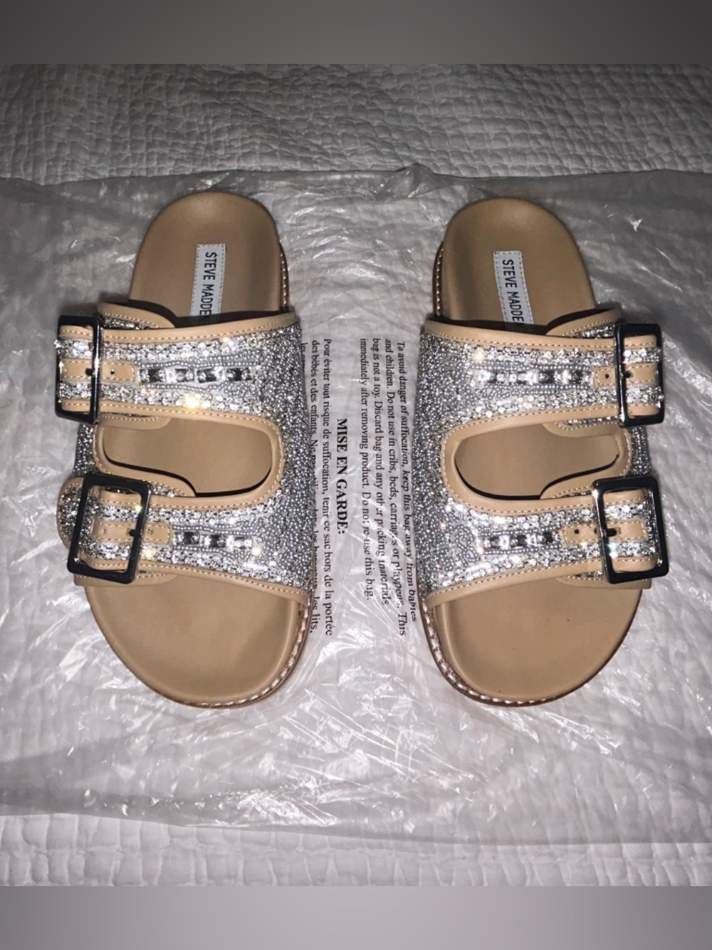 Steve Madden Silver Jeweled Double-Buckle Slide Sandals